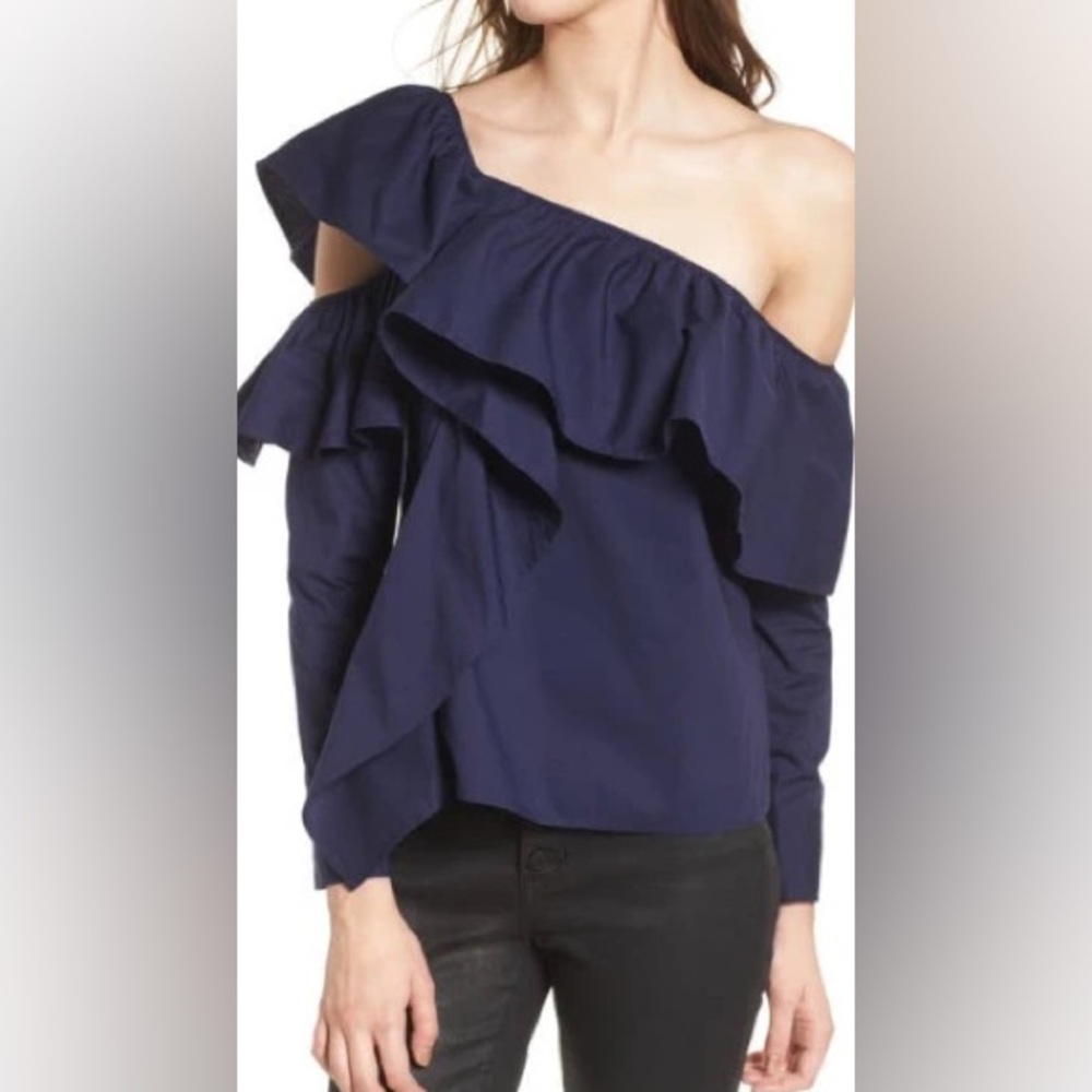 Leith navy blue ruffle asymmetrical cold shoulder top